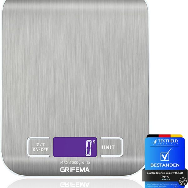 GRIFEMA - GA2002, Kitchen Scales with LCD Display, Stainless Steel, Multifunctional Food Scale 5 kg/11 lbs, Grey: Screen Color: Blue