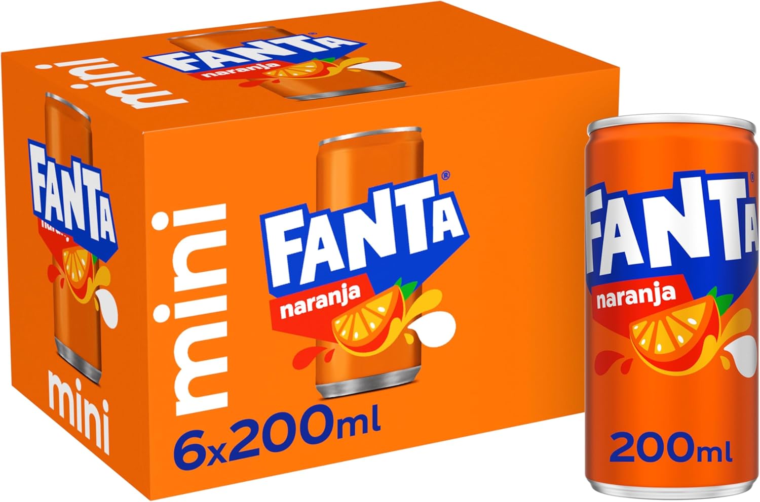 cane.jpg Fanta Orange - Soft Drink with 8% Orange Juice, Low Calorie - Pack 6 Mini Tins 200ml - Image 1