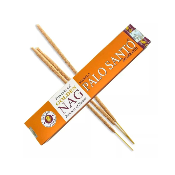 golden-Nag-palo-santo-incense.jpg Golden Nag Palo Santo Incense – Sacred Woody Aroma for Relaxation, Meditation & Energy Cleansing - Image 1